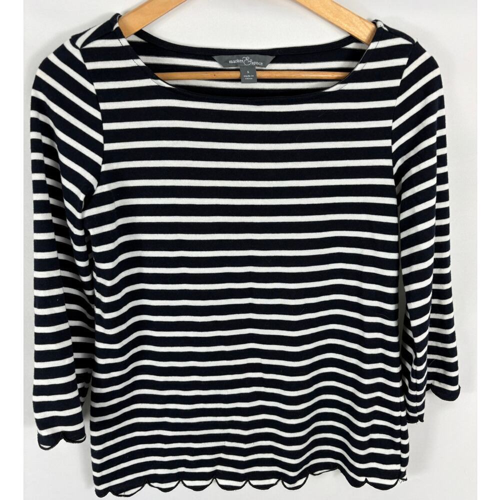 Market & Spruce Scallop Edge Black White Stripe Top Size Small